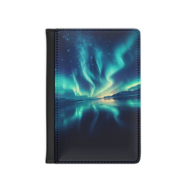 northern lights on passport cover rfid blocking passport wallet showcased closed to show northern lights art and blank background