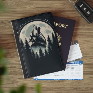 multi-purpose travel wallet of a wolf howling design front facing on table with passport and boarding passes in view