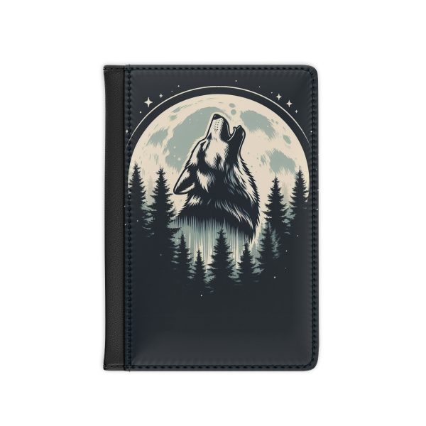 multi-purpose travel wallet of a wolf howling design front facing cover