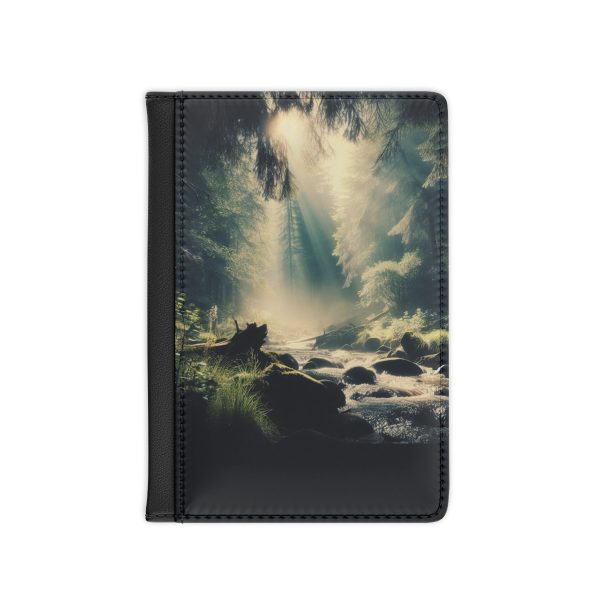 a passport wallet with rugged nature and serene designs