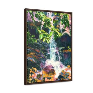 wall art image of an enhanced small waterfall with leaves Dreamy Waterfall Painting | Very Beautiful Wall Hanging | Simple Nature Decor side facing image