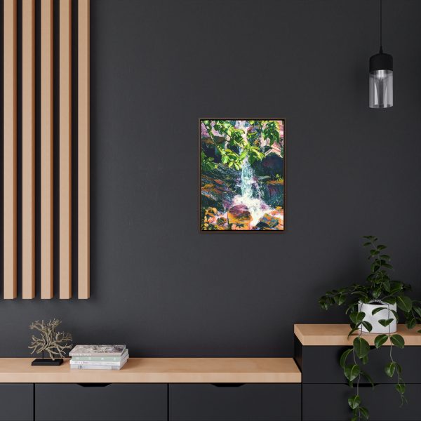 wall art image of an enhanced small waterfall with leaves Dreamy Waterfall Painting | Very Beautiful Wall Hanging | Simple Nature Decor on a dark background