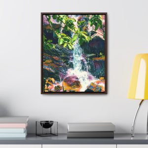 wall art image of an enhanced small waterfall with leaves Dreamy Waterfall Painting | Very Beautiful Wall Hanging | Simple Nature Decor