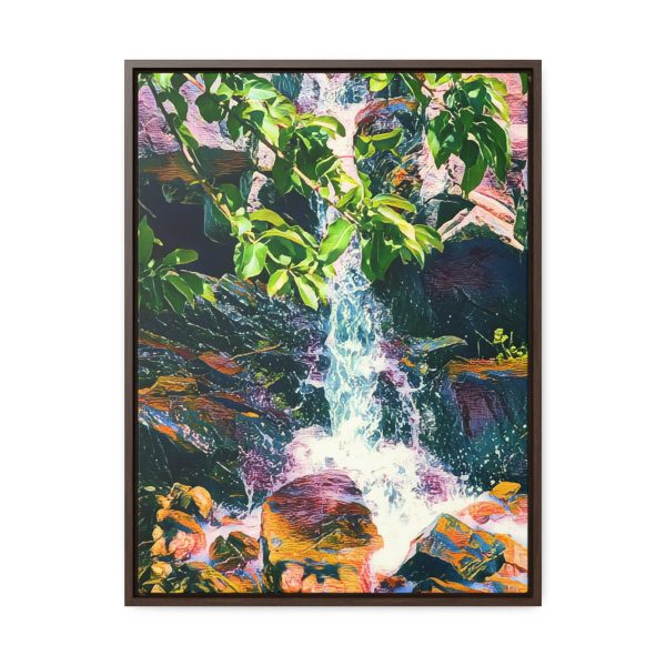 wall art image of an enhanced small waterfall with leaves Dreamy Waterfall Painting | Very Beautiful Wall Hanging | Simple Nature Decor front facing image