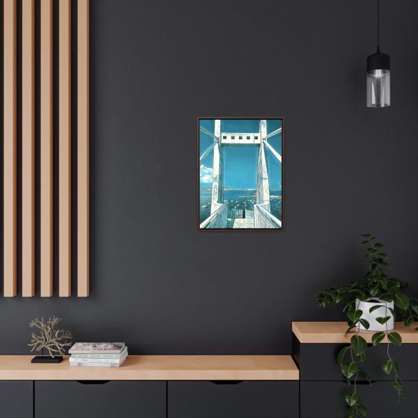 a wall art of an enhance image of a bridge overlooking a dock and sea