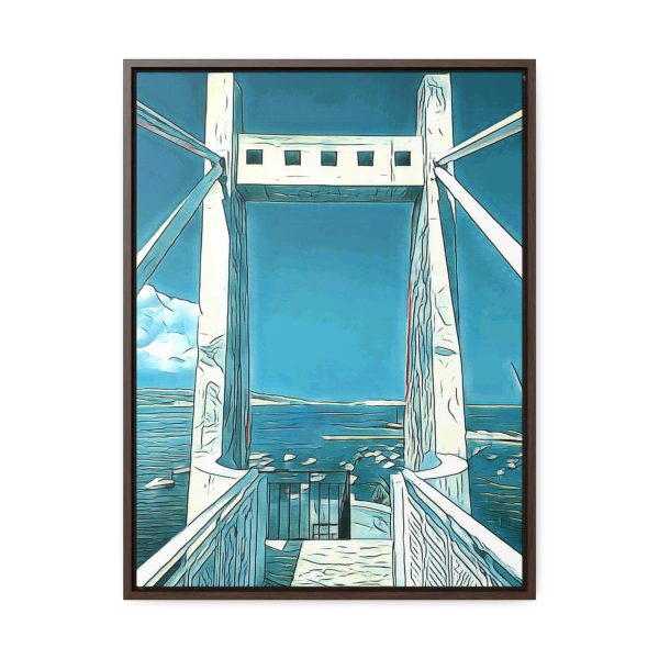a wall art of an enhance image of a bridge overlooking a dock and sea