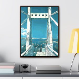 a wall art of an enhance image of a bridge overlooking a dock and sea