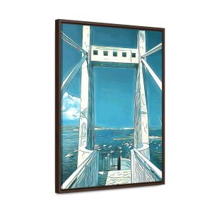 a wall art of an enhance image of a bridge overlooking a dock and sea