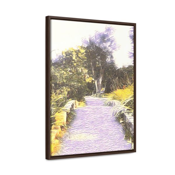 wall art of an enhanced image of a trail leading to a bridge in a park