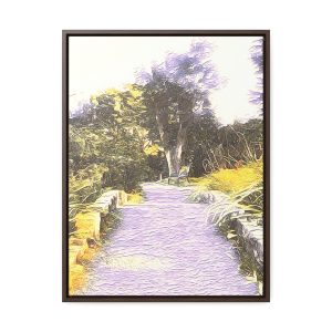 wall art of an enhanced image of a trail leading to a bridge in a park