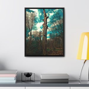 an image in a frame on wall of a single tree in the midst of other trees in the background and cloudy skies. the image has been enhanced for an excellent feel and finish