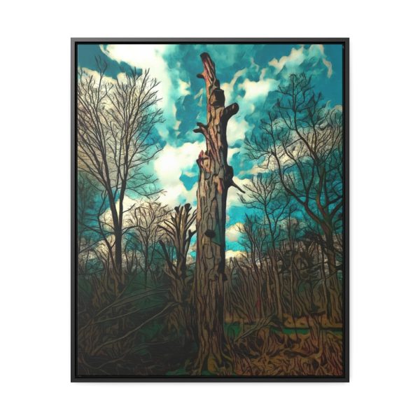 an image in a frame on wall of a single tree in the midst of other trees in the background and cloudy skies. the image has been enhanced for an excellent feel and finish