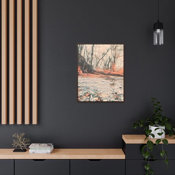 A framed wall art of stream and woodlands in Hertfordshire Art in England image enhanced painting finish with warm colours