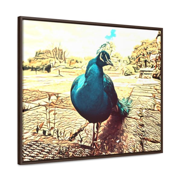 peacock framed art avian art, a peacock captured in a garden its vibrant colors striking on a framed wall decor side view