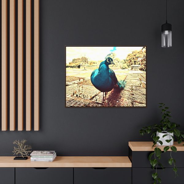 peacock framed art avian art, a peacock captured in a garden its vibrant colors striking on a framed wall decor on dark wall background